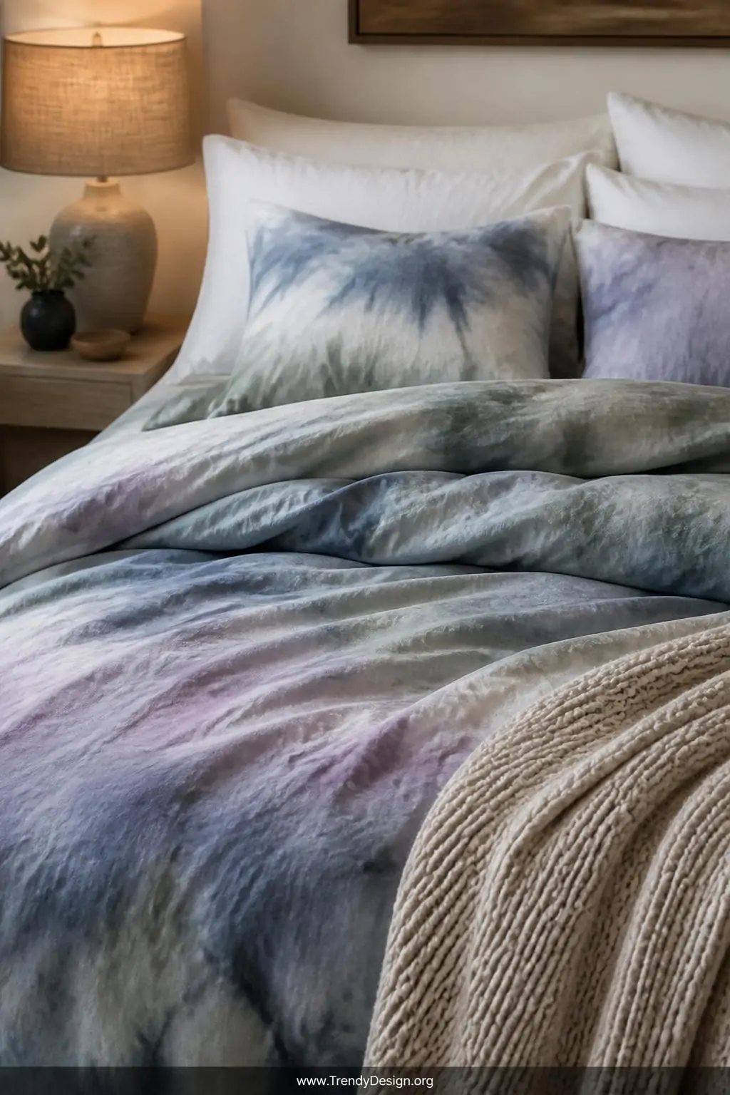 Closeup medium shot of a made bed featuring a luxurious crumple-technique tie dye duvet in layered washes of slate blue, sage