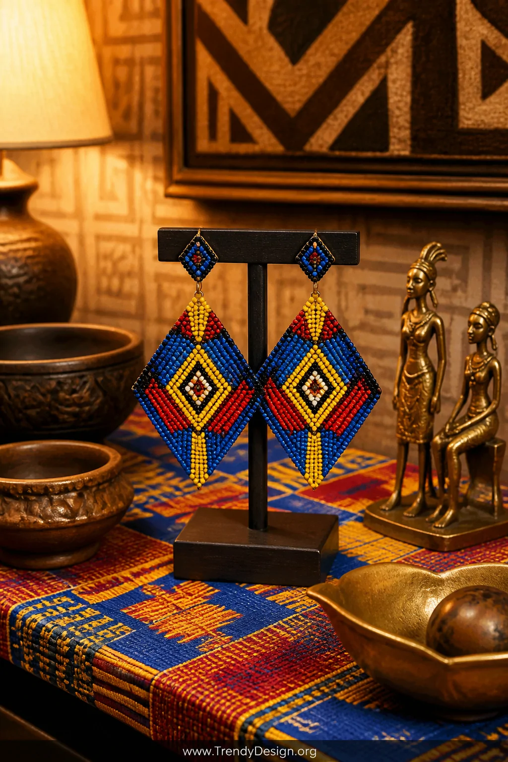 A vibrant medium shot of a richly decorated styling surface covered in kente-patterned fabric in deep red, electric blue, and