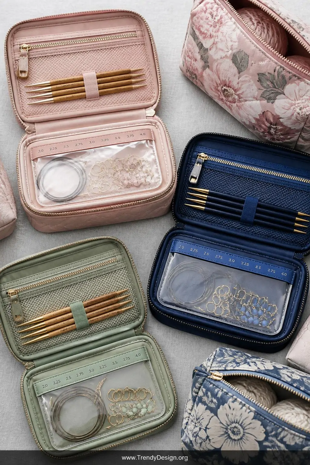 A closeup photorealistic flat-lay on a pale grey fabric surface showing a collection of double-zip pencil cases and floral ma