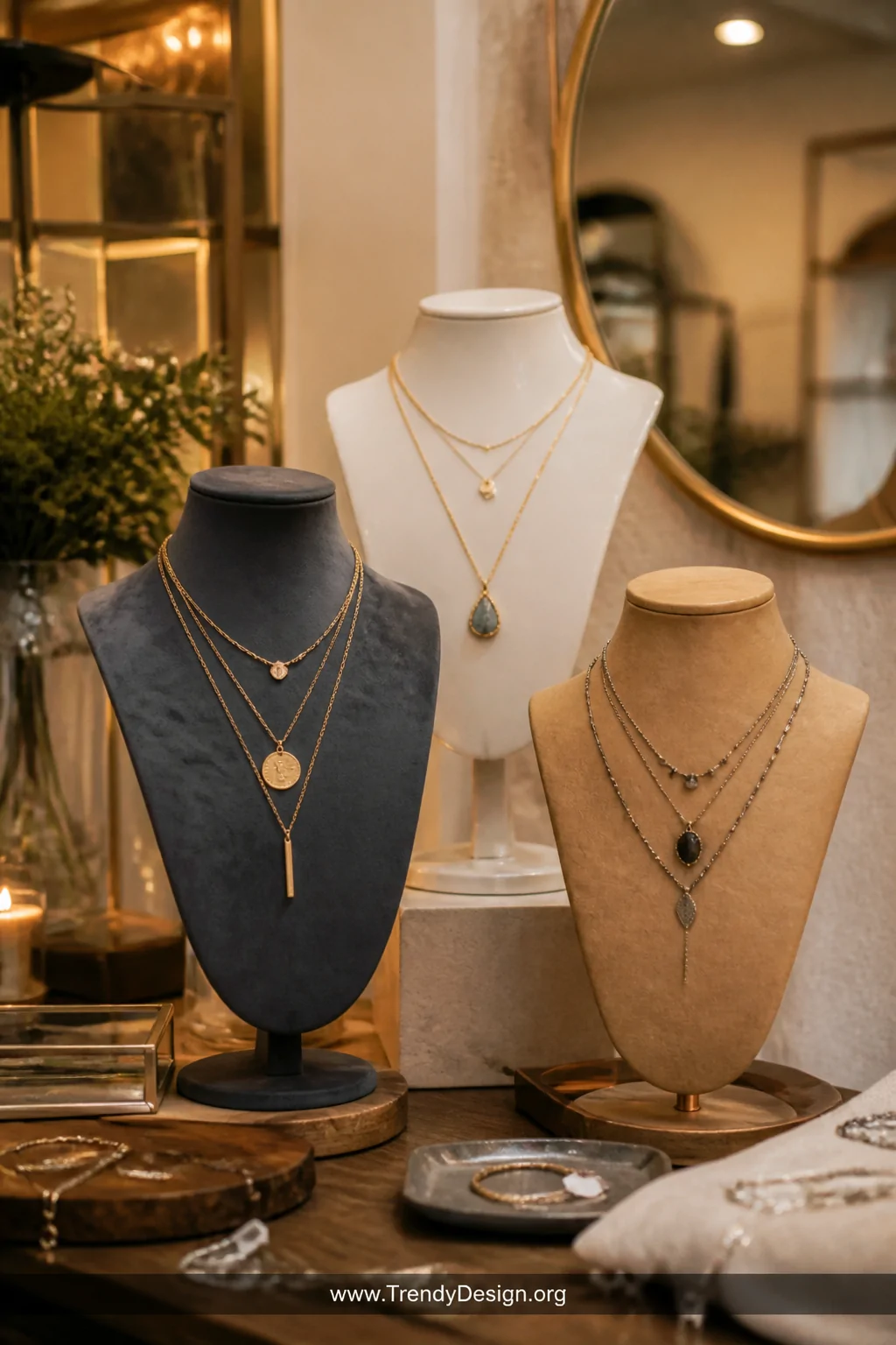 Medium shot of a grouping of jewelry bust and neck forms displayed at staggered heights on a craft show table, one covered in