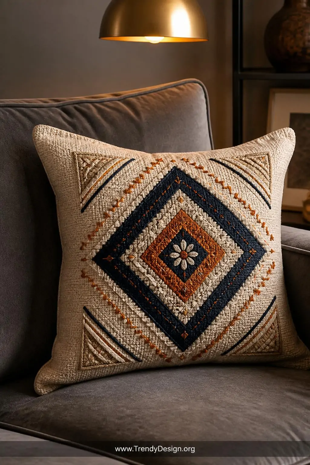 Closeup shot of a textured natural linen throw pillow resting against a warm gray velvet sofa, the pillow front embroidered w