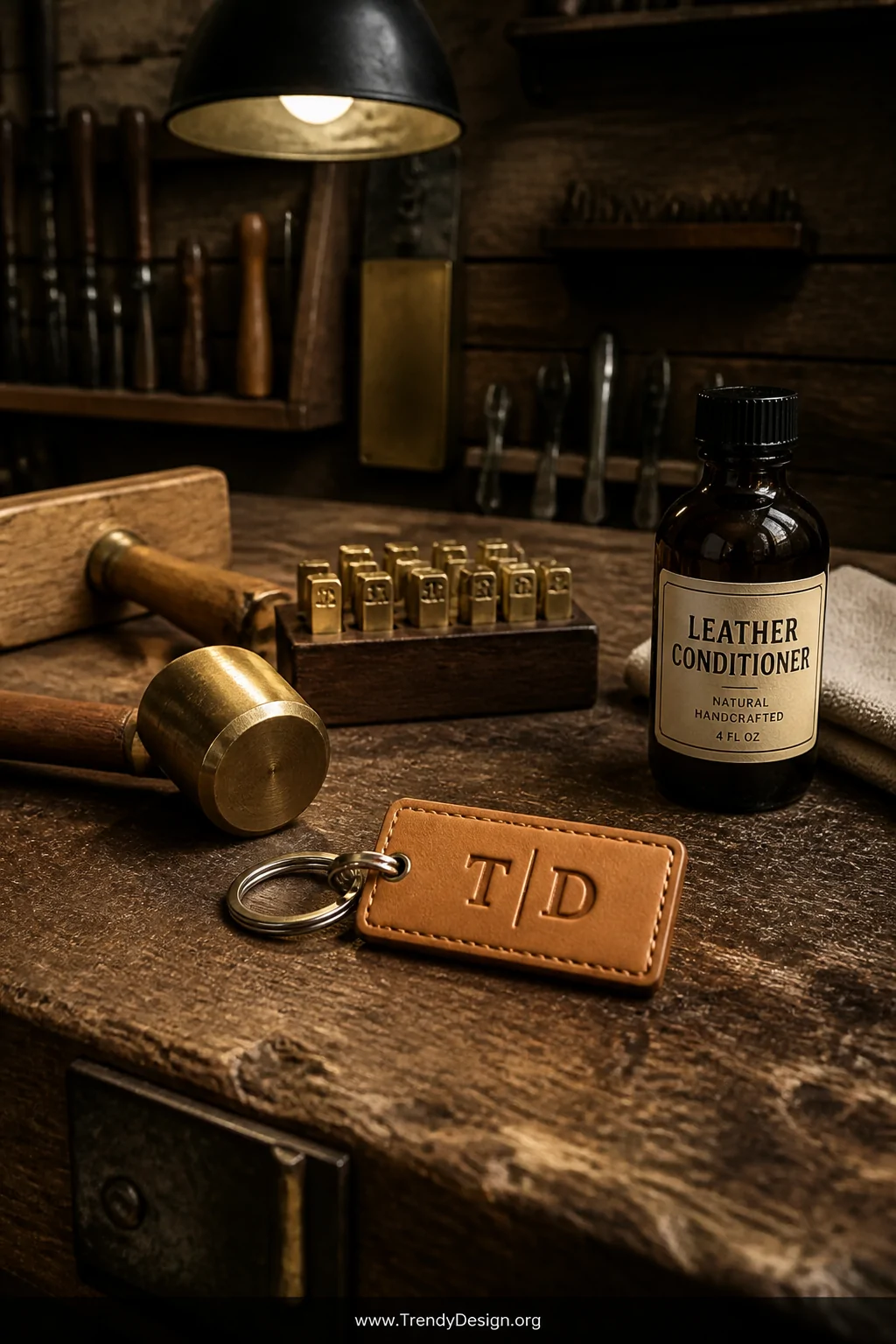 A rustic timber workshop bench with a small rectangular piece of golden vegetable-tanned leather stamped with clean serif ini