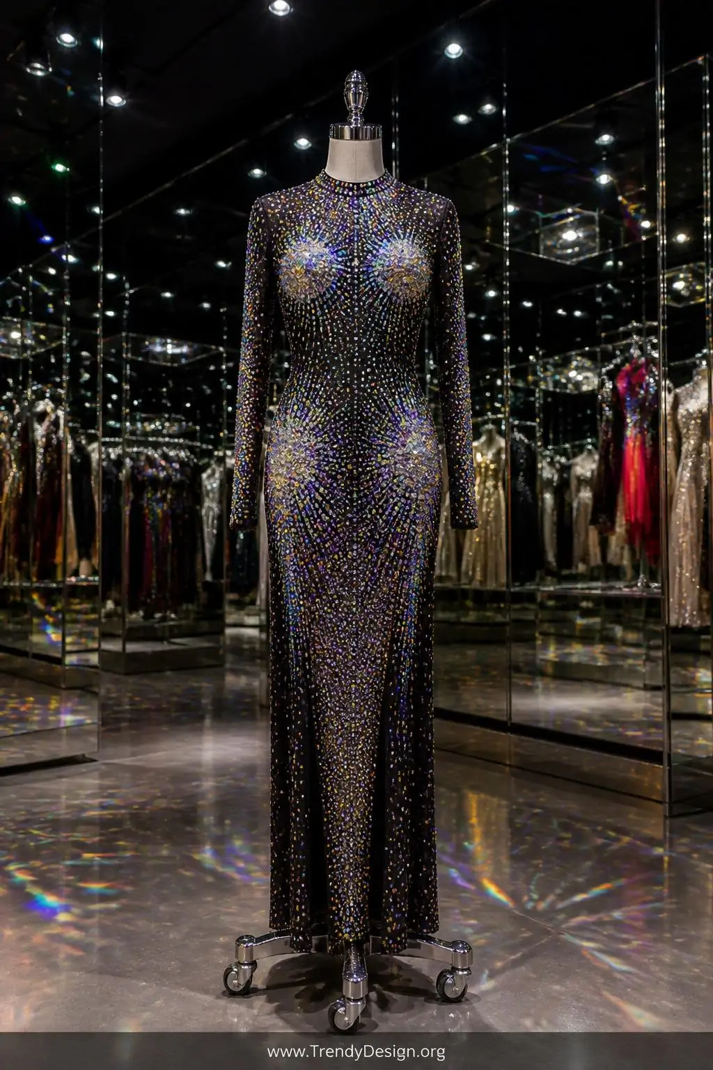 A wide-shot photorealistic dance costume boutique interior with dramatic black ceiling and recessed spotlight arrays aimed pr