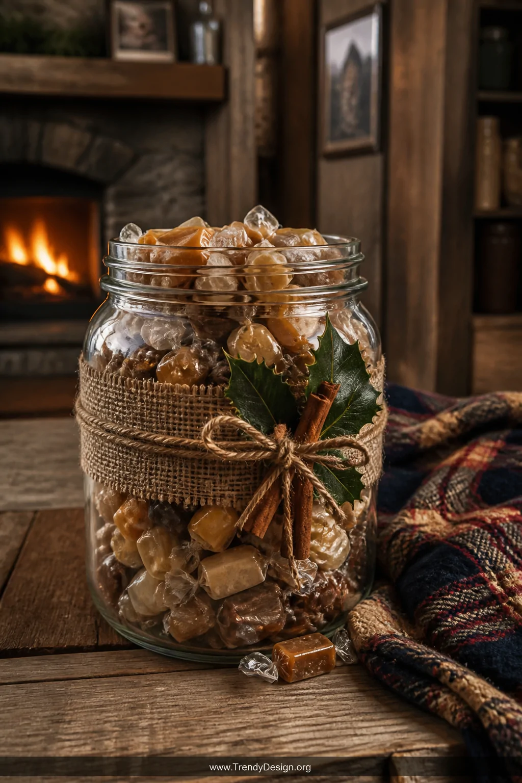 A medium shot of a wide-mouth vintage mason jar filled with golden caramels, butterscotch candies, and brown-wrapped toffees,