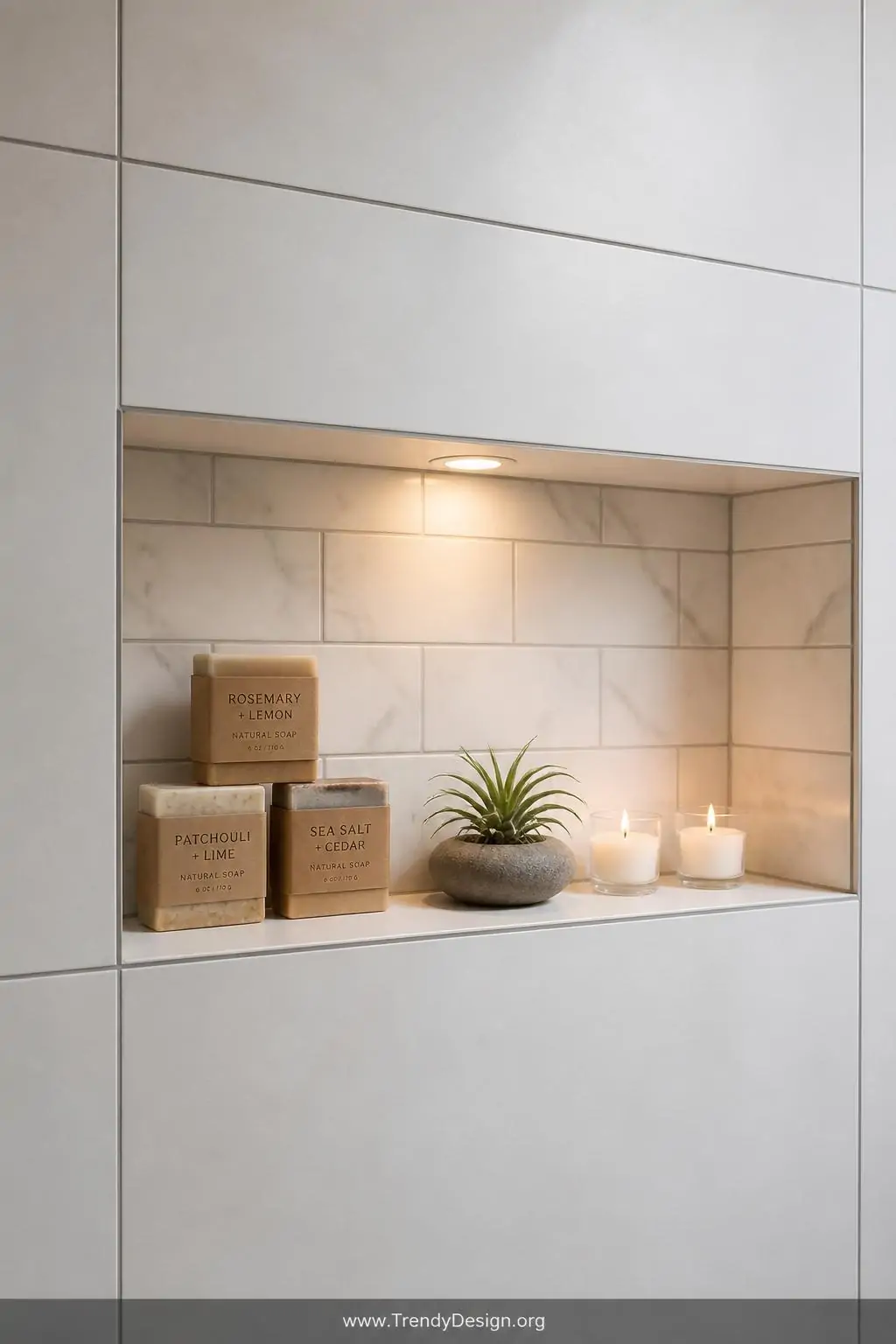 A close-up photorealistic interior design image of a beautifully tiled shower wall featuring a deep rectangular recessed nich