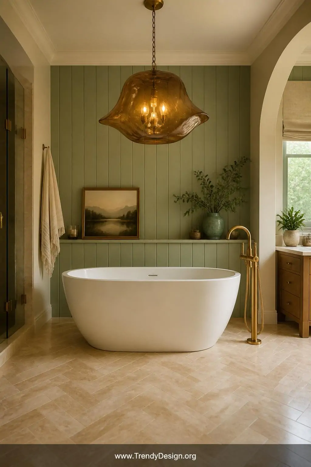 A wide-shot photorealistic spa-inspired bathroom interior featuring a large sculptural smoked amber glass pendant light suspe