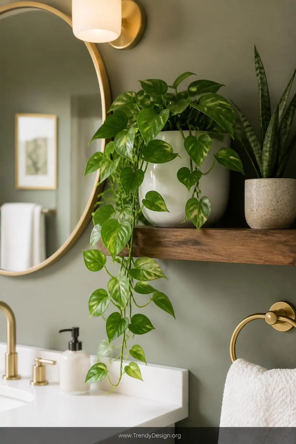 A lush trailing pothos cascading from a white ceramic pot on a wooden bathroom shelf, closeup shot highlighting the vibrant g