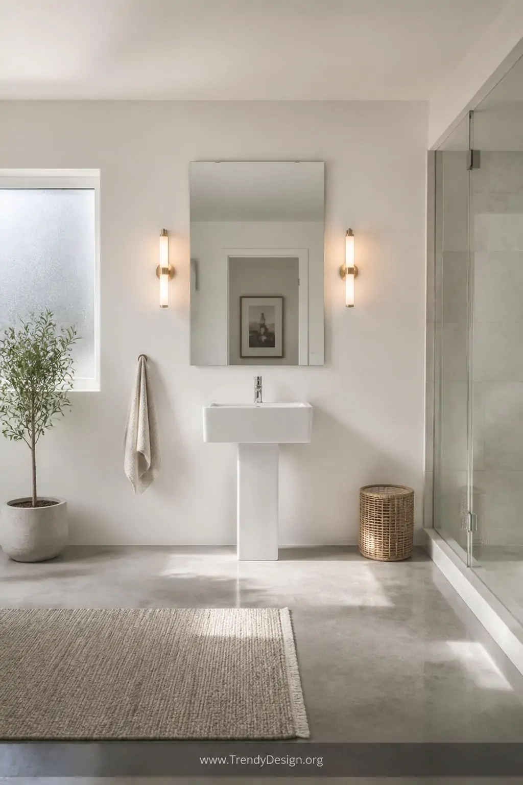 Wide-angle photorealistic shot of a minimalist bathroom flooded with diffused natural daylight pouring through a frosted wind