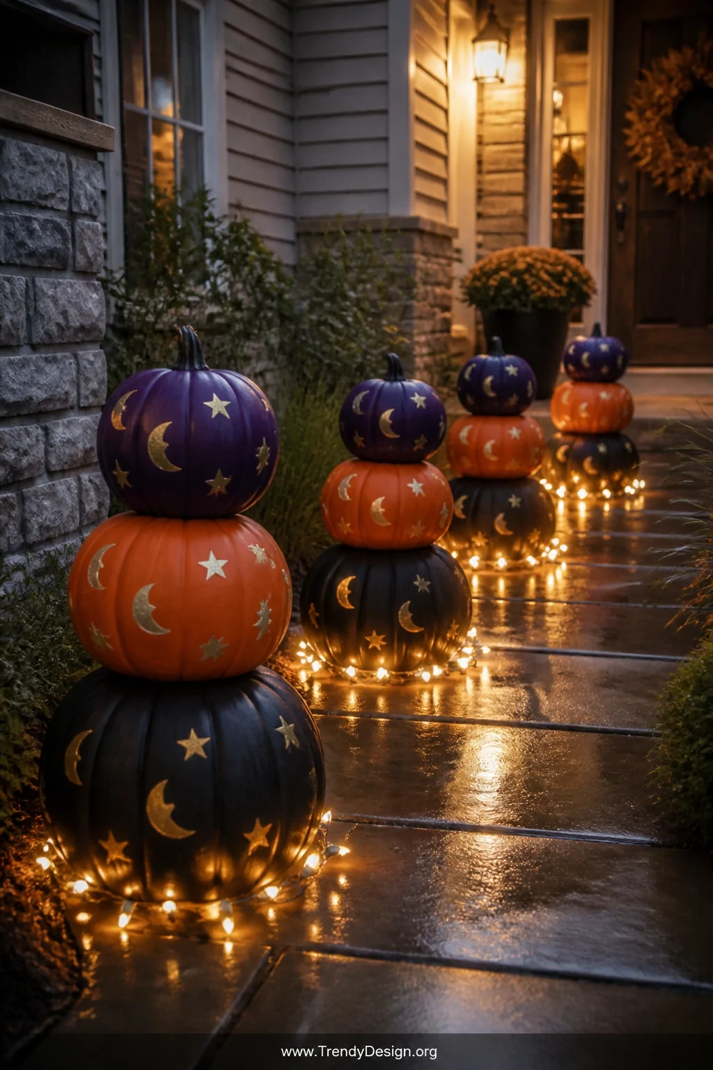 Medium nighttime pathway shot of three stacked pumpkins decreasing in size secured by skewers and painted in matte black, bur