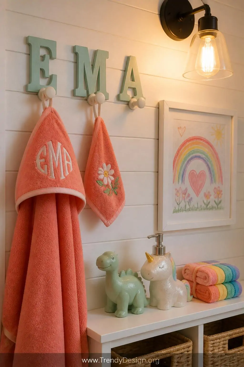 Close-up photorealistic interior shot of a cheerfully personalized kids' bathroom corner, a white shiplap wall mounted with t