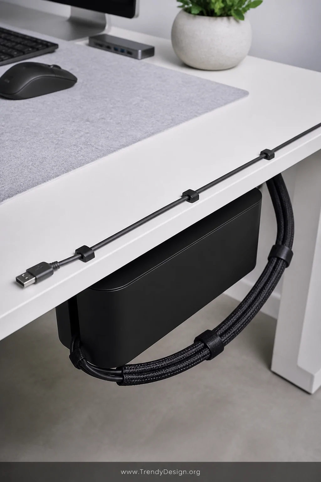 Detail closeup of a pristine white desk surface with adhesive cable clips routing a flat USB cable cleanly along the desk edg