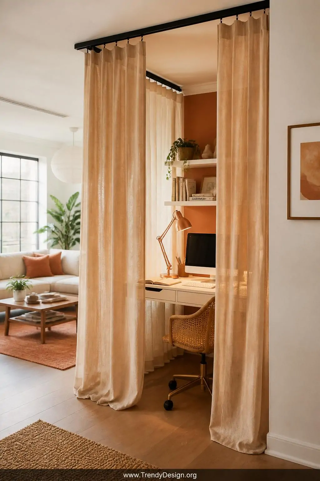 Wide-angle photorealistic interior shot of a cozy work nook carved out of a bright living room using a floor-to-ceiling natur