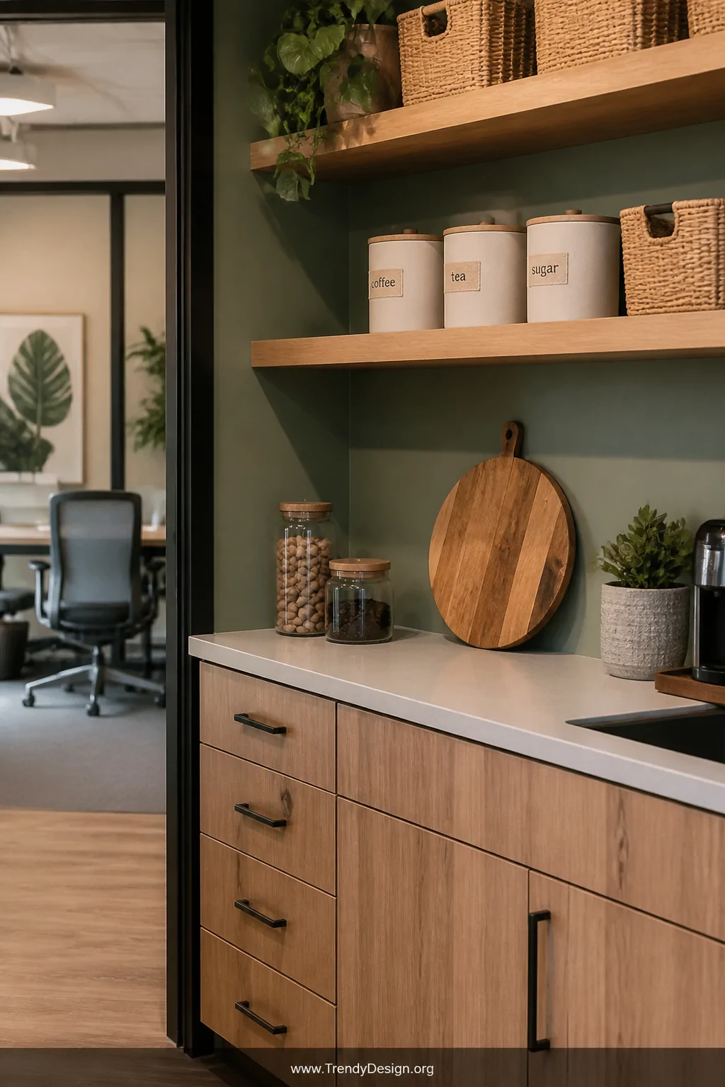 Medium-angle photorealistic interior shot of an office pantry corner styled with raw wood shelving, woven rattan baskets, cer
