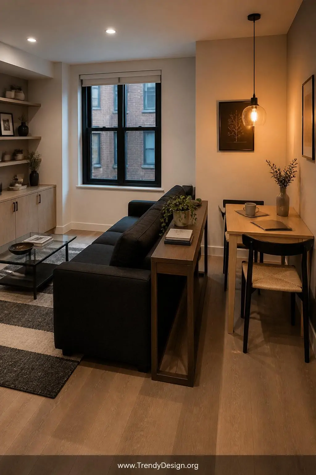 Photorealistic wide interior shot of a small studio apartment where a matte black sofa with tight clean lines divides the roo