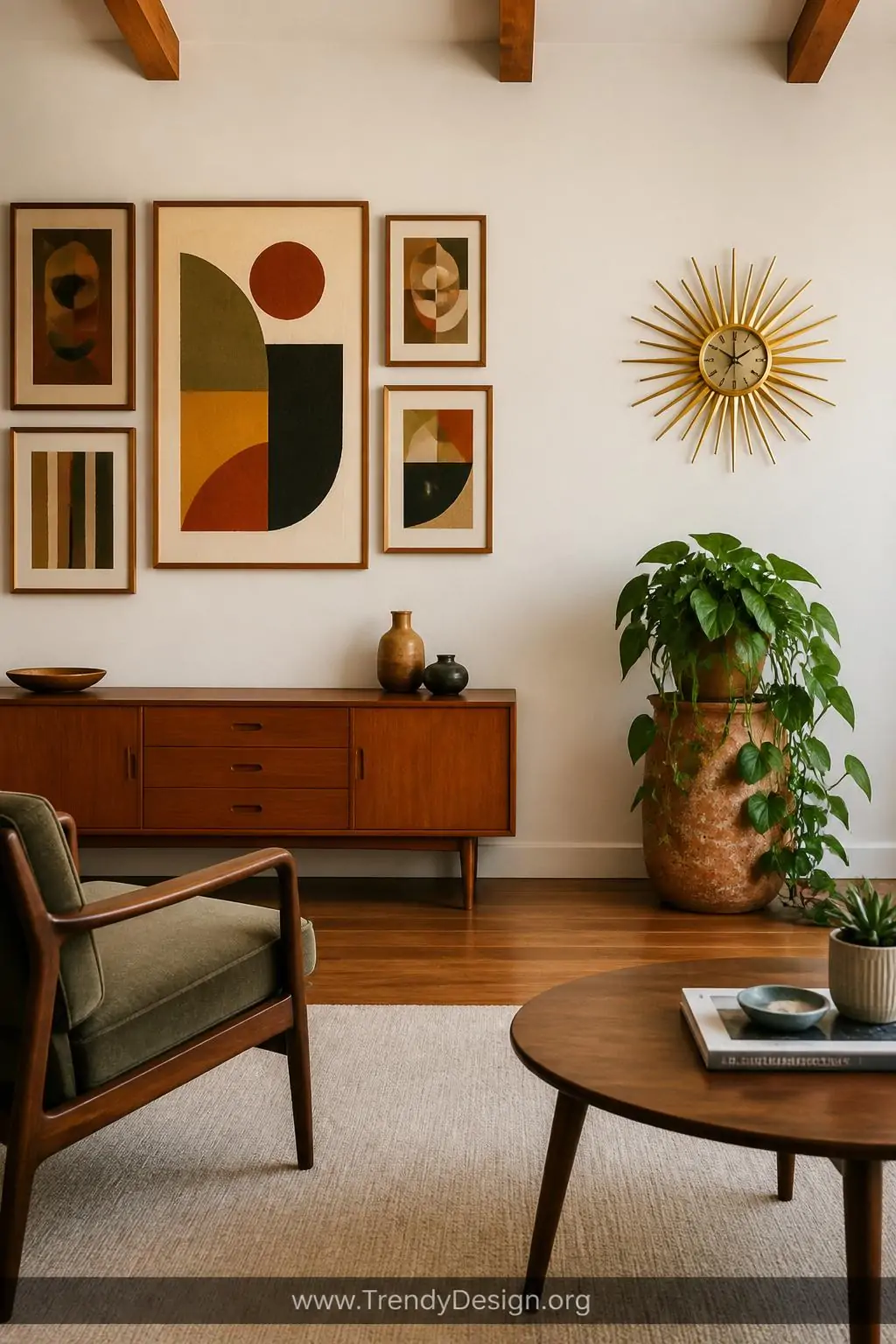 Medium photorealistic interior shot of a carefully curated mid century modern living room styled with a gallery wall of bold 