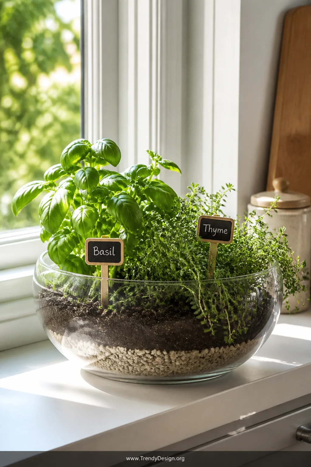 Medium shot of a wide glass fish bowl terrarium sitting on a bright kitchen windowsill bathed in warm morning sunlight, plant