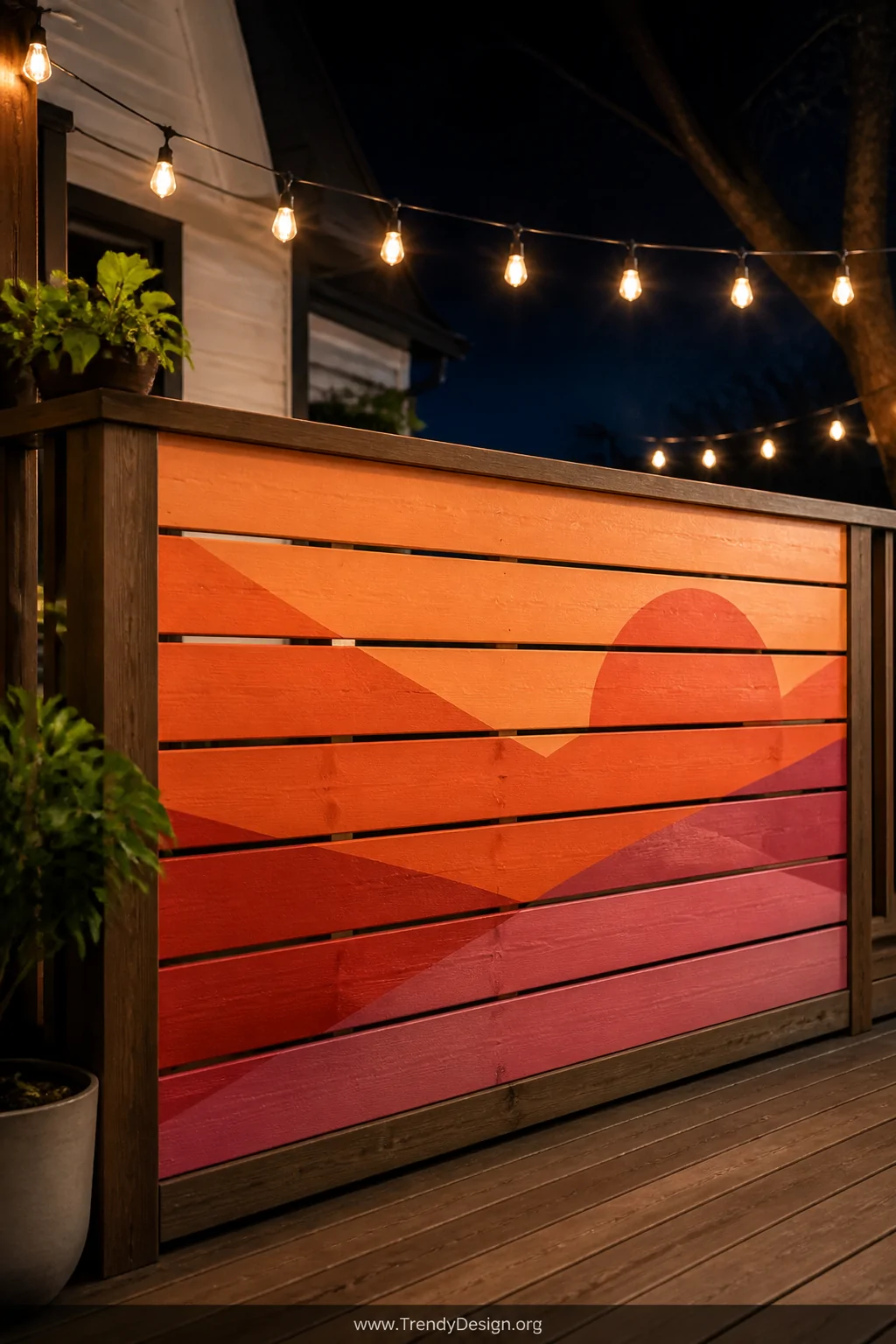 A medium photorealistic shot of a compact deck railing built from horizontal pallet panels sealed and painted with a bold sun