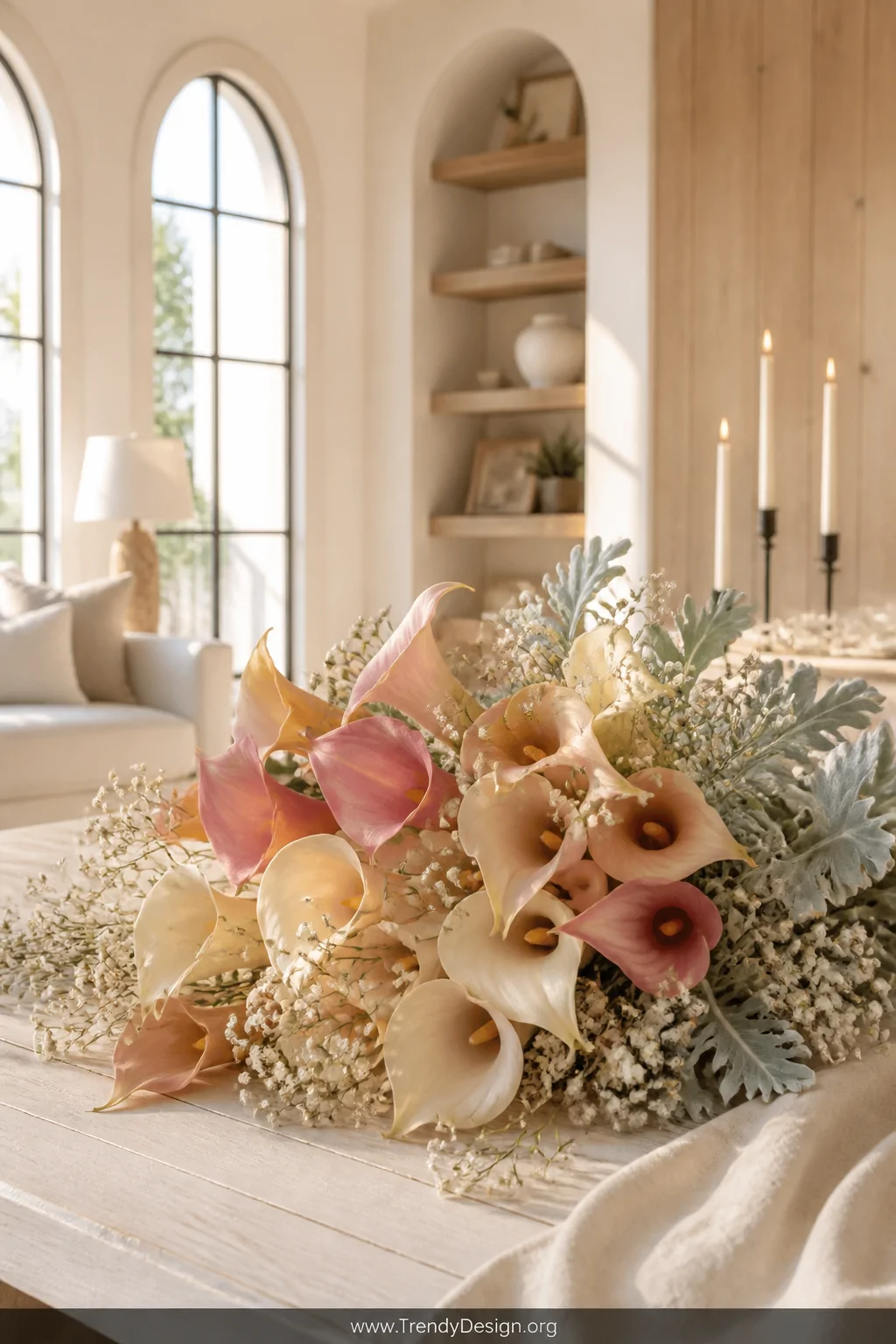 A soft dreamy arrangement of layered blush, champagne, and soft peach calla lilies tucked with delicate baby's breath and dus