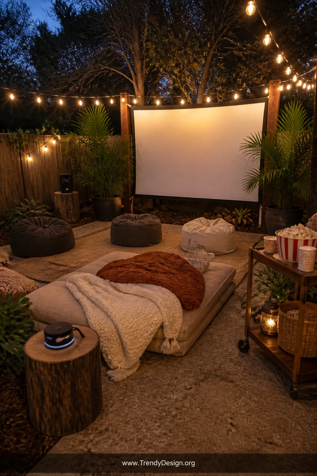 Wide shot of a backyard outdoor movie nook at twilight featuring a taut white projector screen glowing softly between two ced