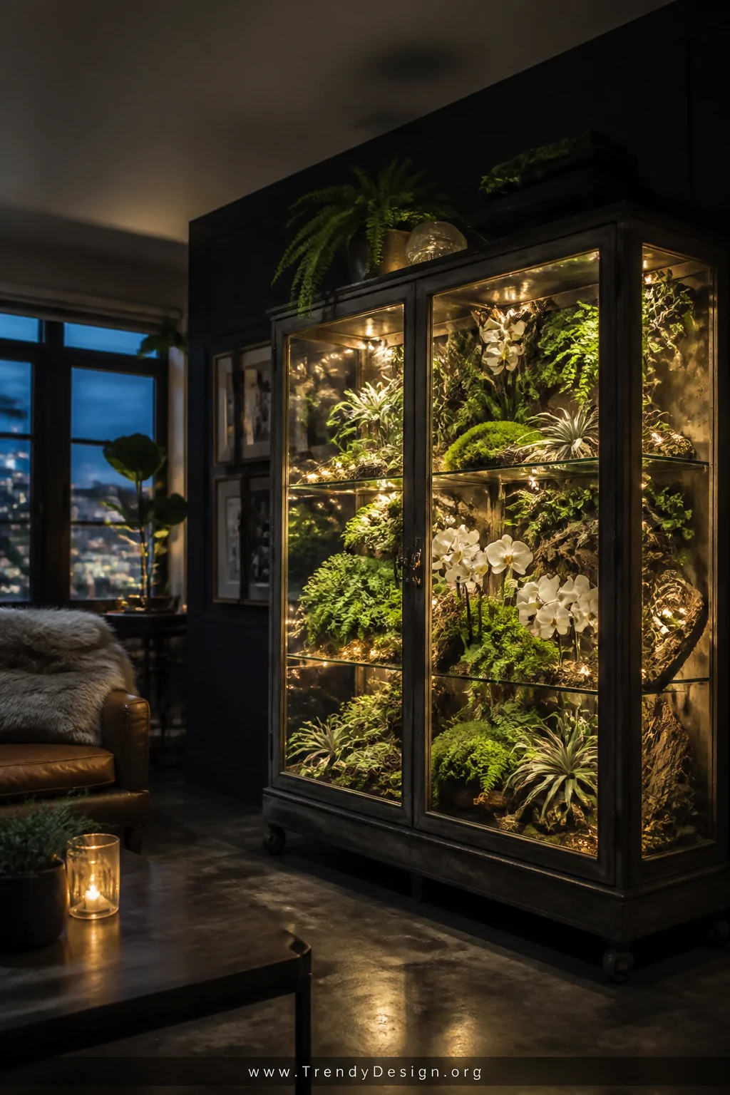 A vintage glass-front cabinet repurposed as a miniature indoor greenhouse, its shelves densely packed with emerald ferns, del