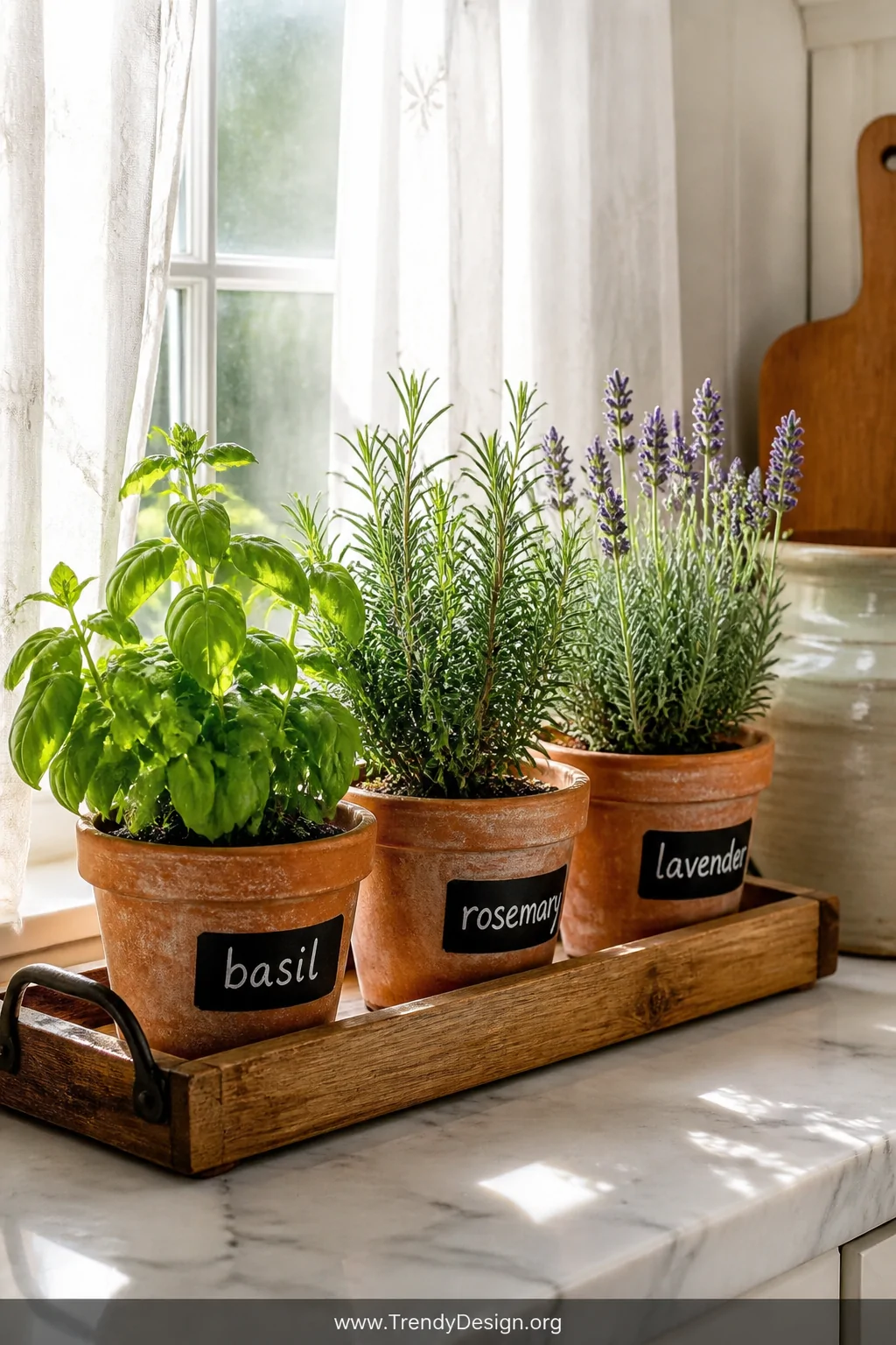 Closeup shot of a charming kitchen windowsill lined with small terracotta pots of realistic faux basil, rosemary, and lavende