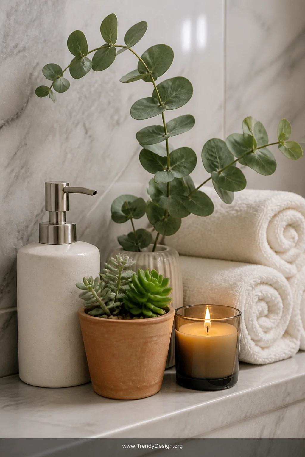 A photorealistic closeup shot of a styled bathroom shelf vignette featuring a small sprig of realistic artificial eucalyptus 