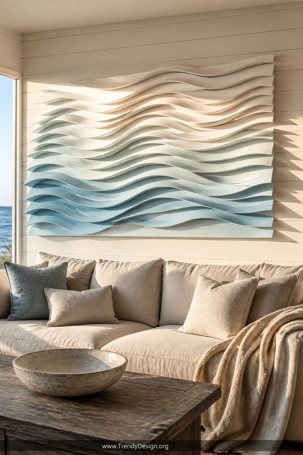 Wide shot of a large abstract ocean wave sculpture panel spanning nearly four feet across a pale driftwood-colored shiplap wa