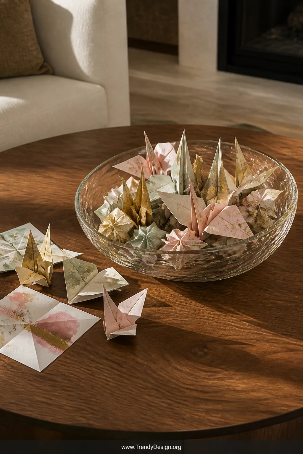 Closeup shot of a round walnut coffee table surface with a wide shallow glass bowl filled with painted origami stars and fold