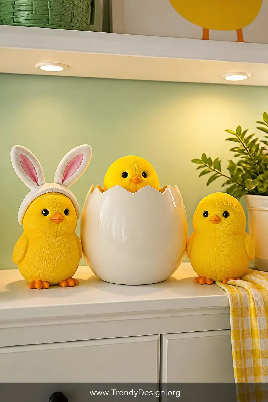 A closeup of a brightly lit nursery shelf styled with bold cheerful chick figurines in sunshine yellow, one peeking from a cr