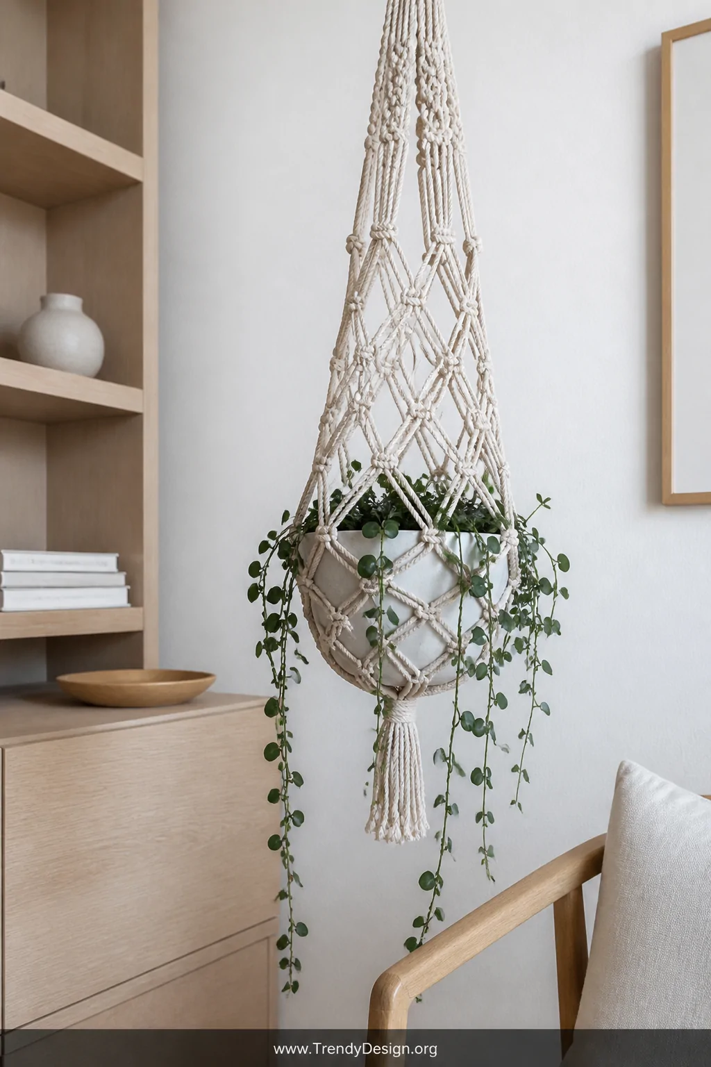 A medium shot of a geometric diamond-knot macrame plant hanger with a structured, intricate knotted web pattern holding a sim