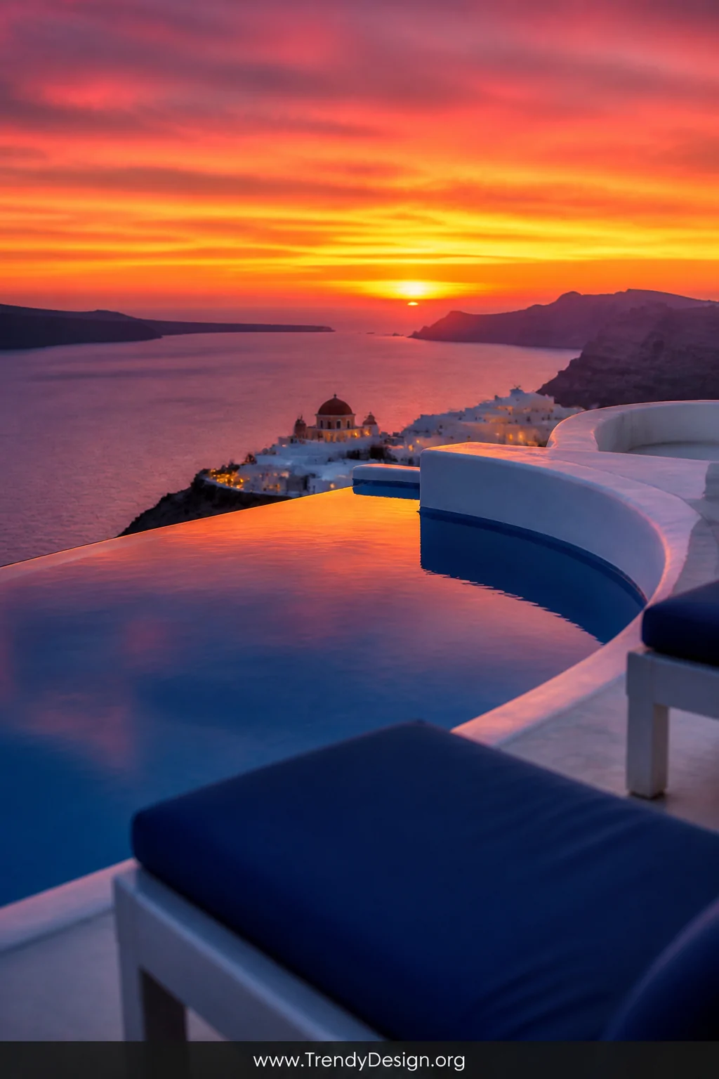 Photorealistic closeup shot of Grace Hotel Santorini's infinity pool edge at the volcanic caldera rim, crisp white-washed cur
