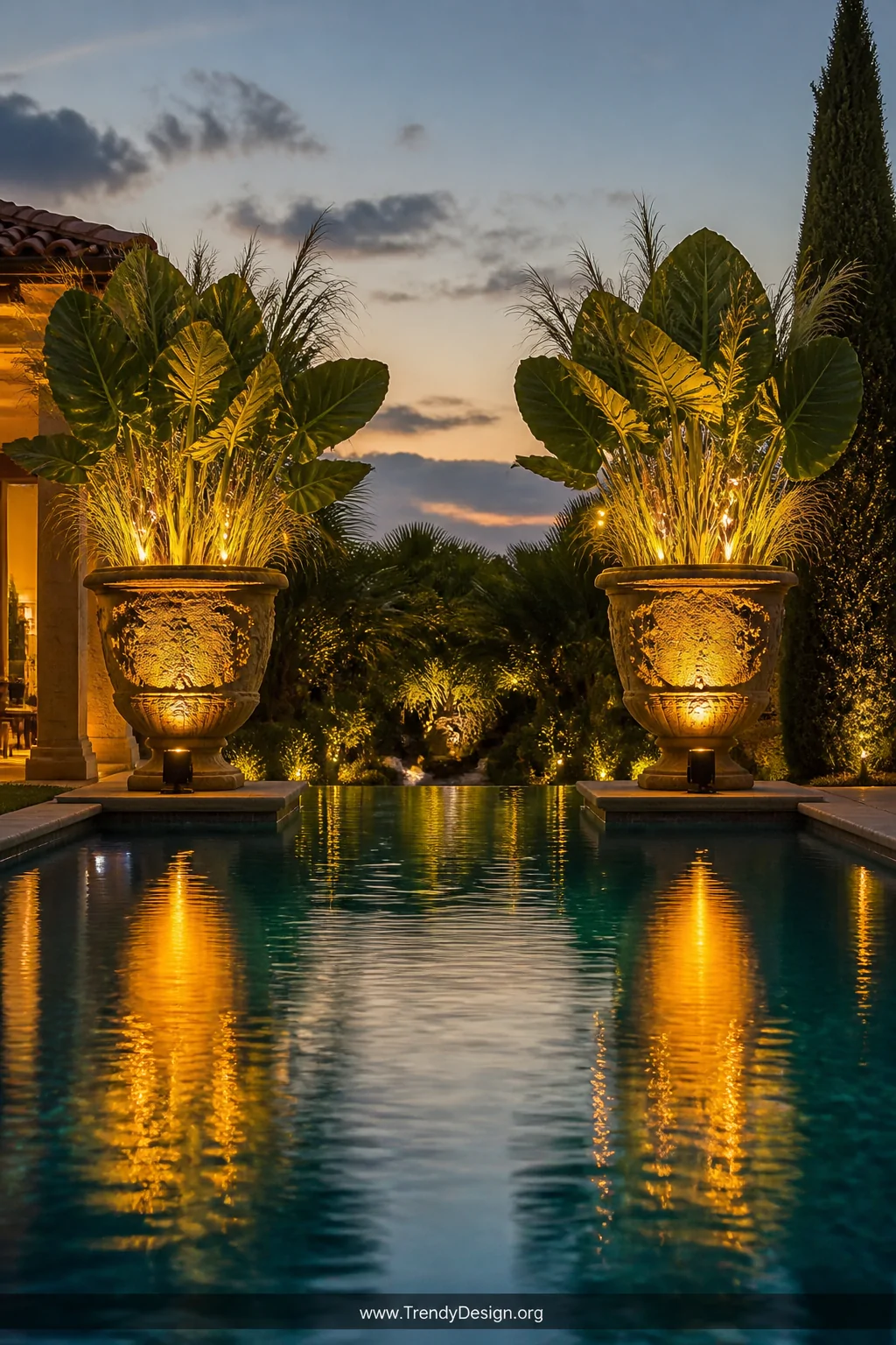 Wide-angle photorealistic shot of a grand resort-style backyard pool at dusk where two oversized cast stone resin urns with d