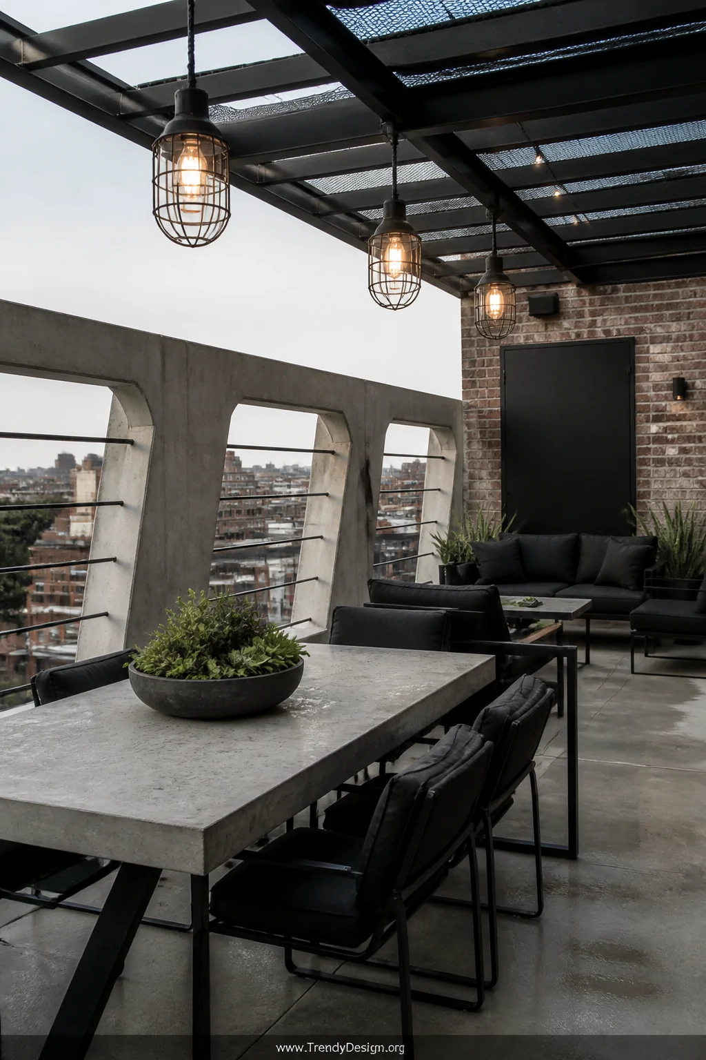 Wide-angle photorealistic shot of an edgy industrial rooftop space featuring raw concrete geometric slab railings paired with