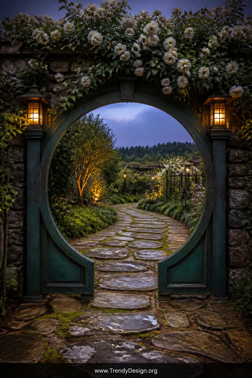 A magical wide-angle dusk shot of a circular moon gate crafted from aged dark green painted metal, framed by a stone garden w