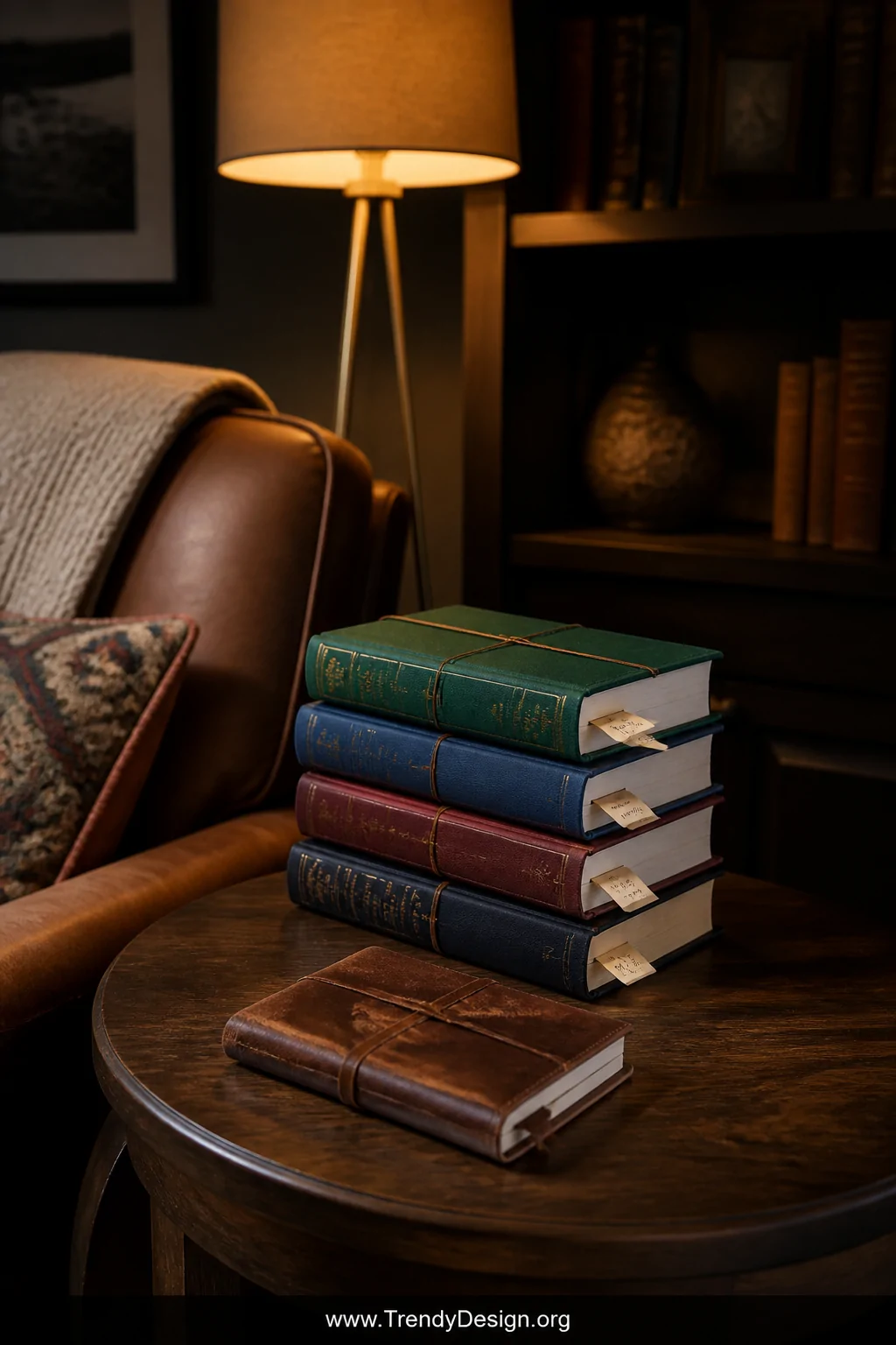 A cozy reading nook photographed in medium shot, a stack of hardcover books and a leather journal resting on a dark walnut si