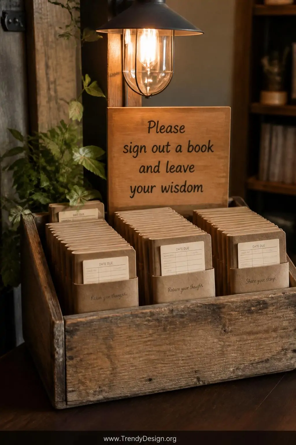 Medium shot of a charming miniature library display built from a weathered wooden crate holding rows of small kraft paper jou