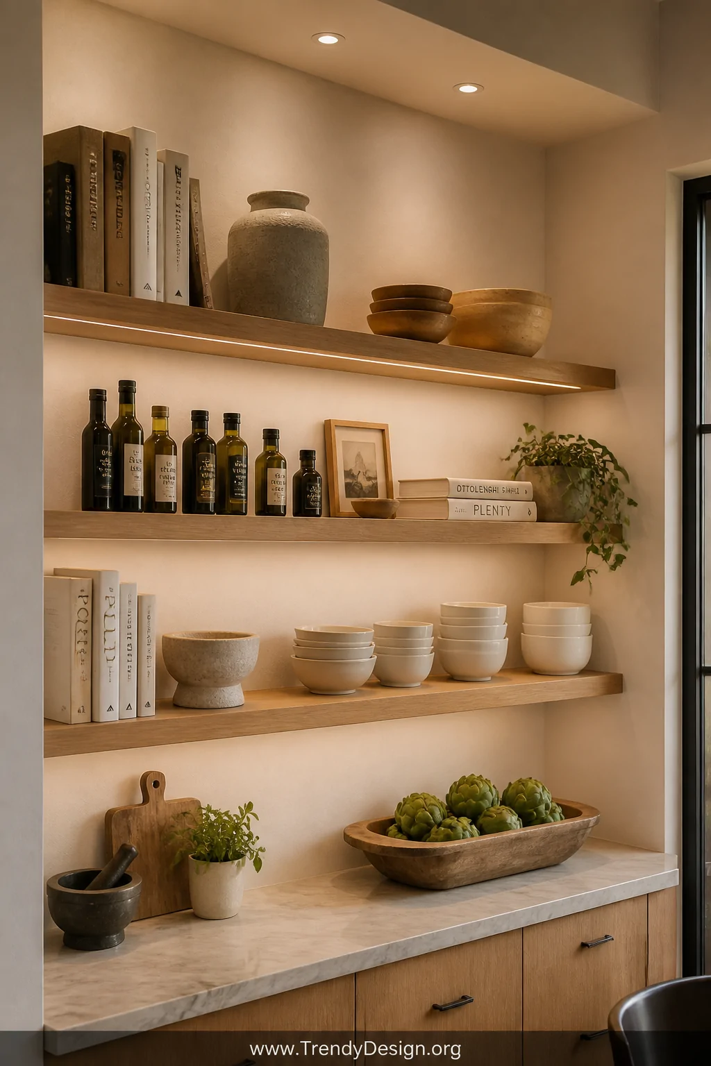 Medium wide shot of a stunning open pantry wall with seamlessly floating white oak shelves showing absolutely zero visible ha