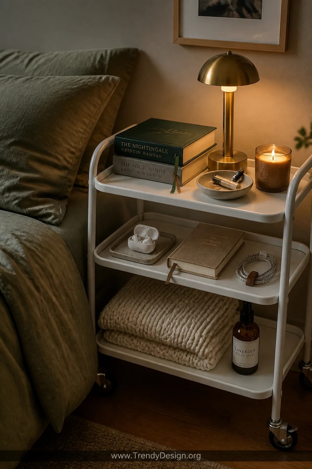 Closeup of a cozy bedroom corner featuring a slim white rolling cart serving as a nightstand beside rumpled linen bedding in 
