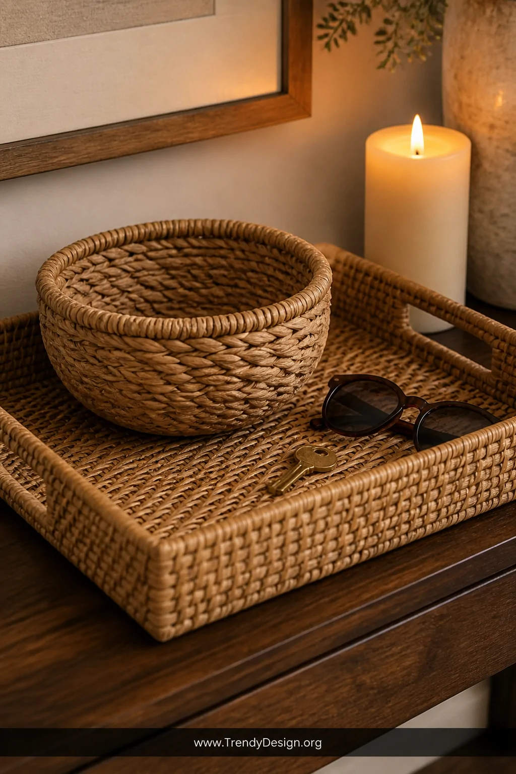 Closeup shot of a console table surface styled with a large rectangular rattan tray holding a small woven seagrass basket nes