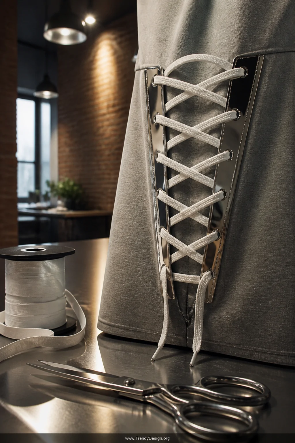 A sleek industrial-style studio with exposed brick walls under warm pendant spot lighting, a close-up medium shot of mirrored