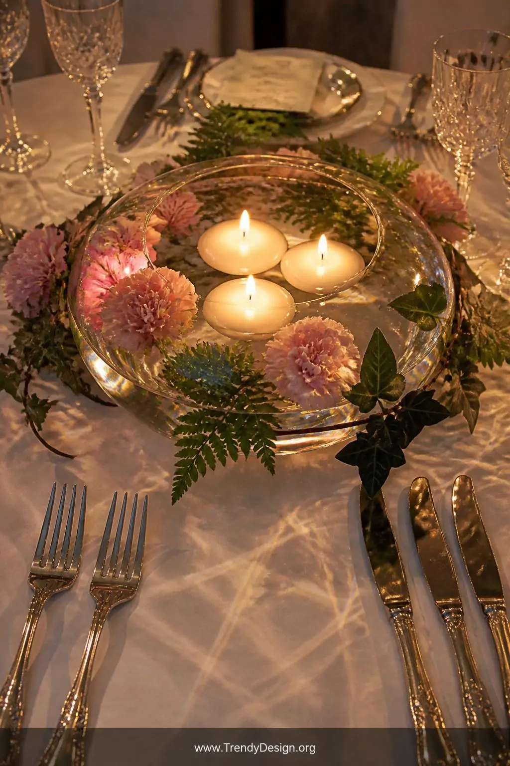 Close-up shot of a romantic dinner table centerpiece featuring a wide clear glass bowl filled with crystal-clear water holdin