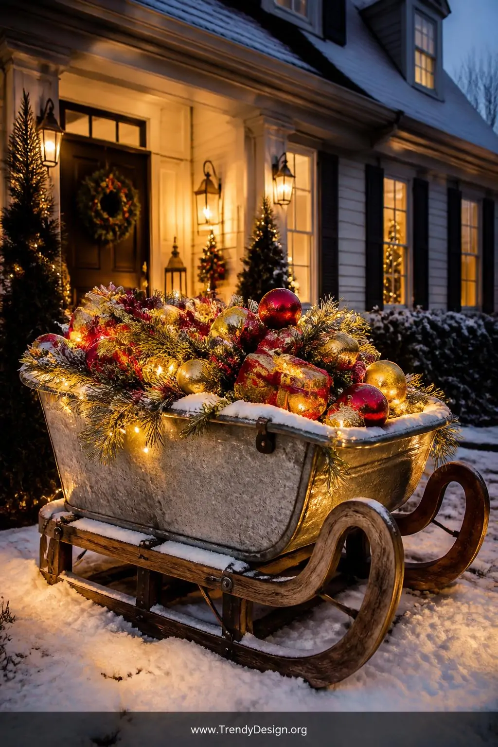 A wide dramatic dusk exterior shot of a front yard featuring a large galvanized metal tub sleigh with curved rustic wooden ru