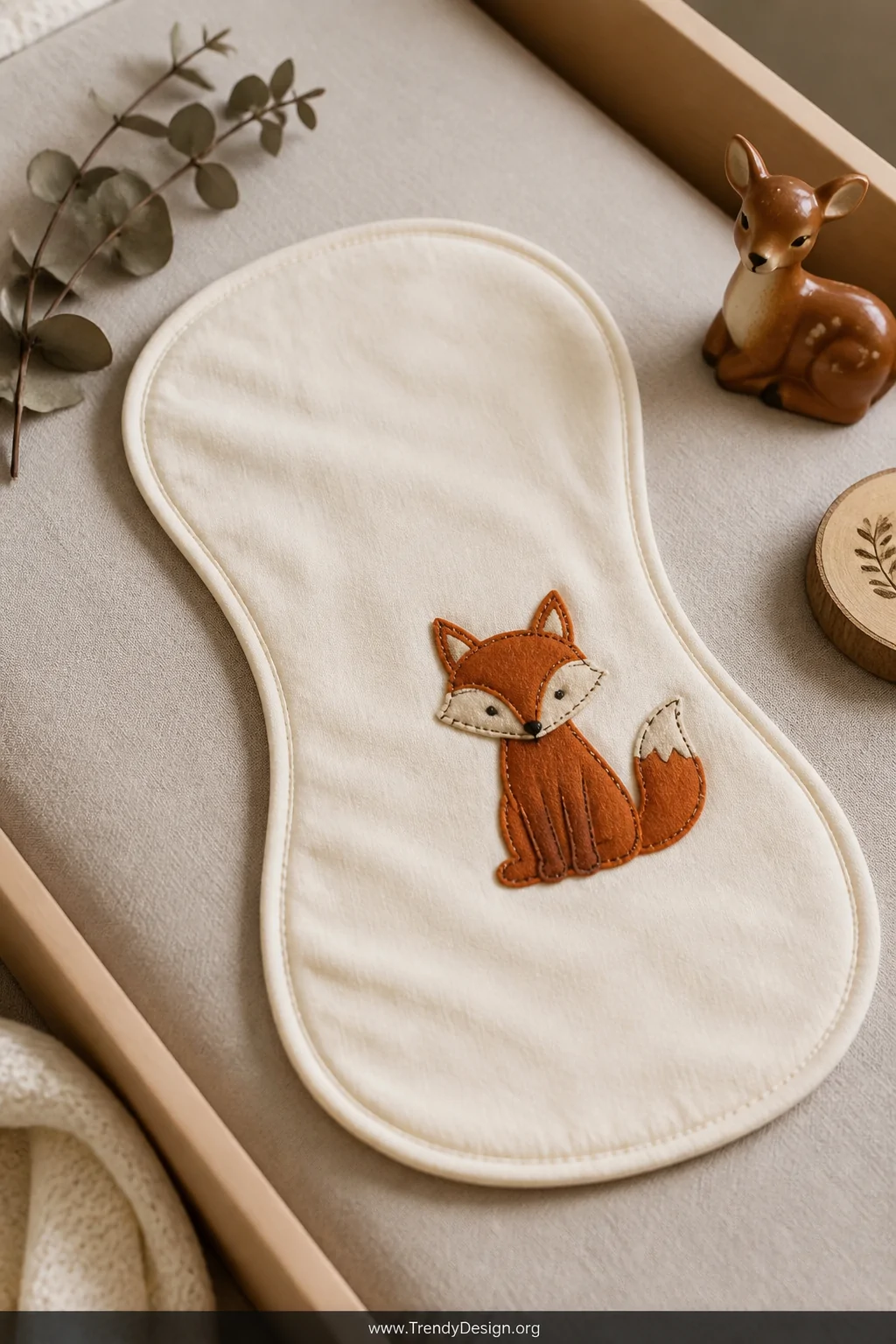 A medium close-up shot of an organic cotton burp cloth laid flat on a natural linen changing pad, featuring a delicate hand-s