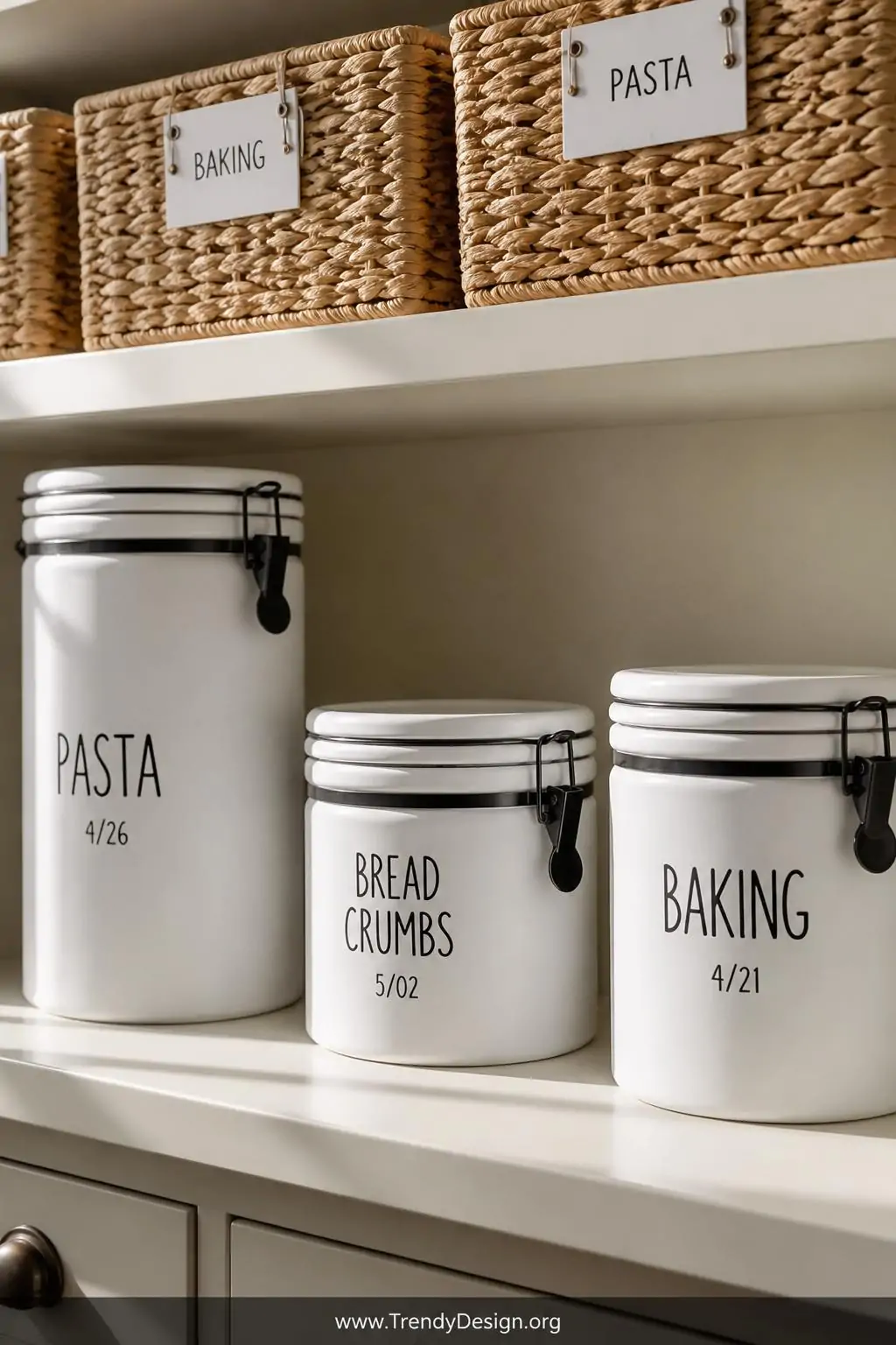 Closeup shot of pristine white airtight containers and natural woven baskets on a cream-painted pantry shelf, each labeled wi