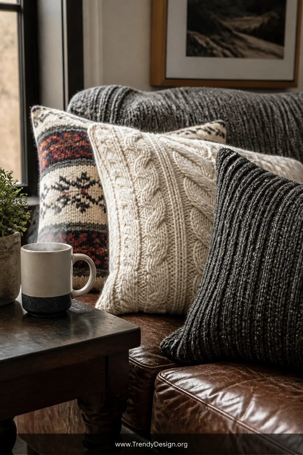 A close-up detail shot of a cozy sofa corner piled with upcycled sweater pillows in chunky cable knit cream, ribbed charcoal,