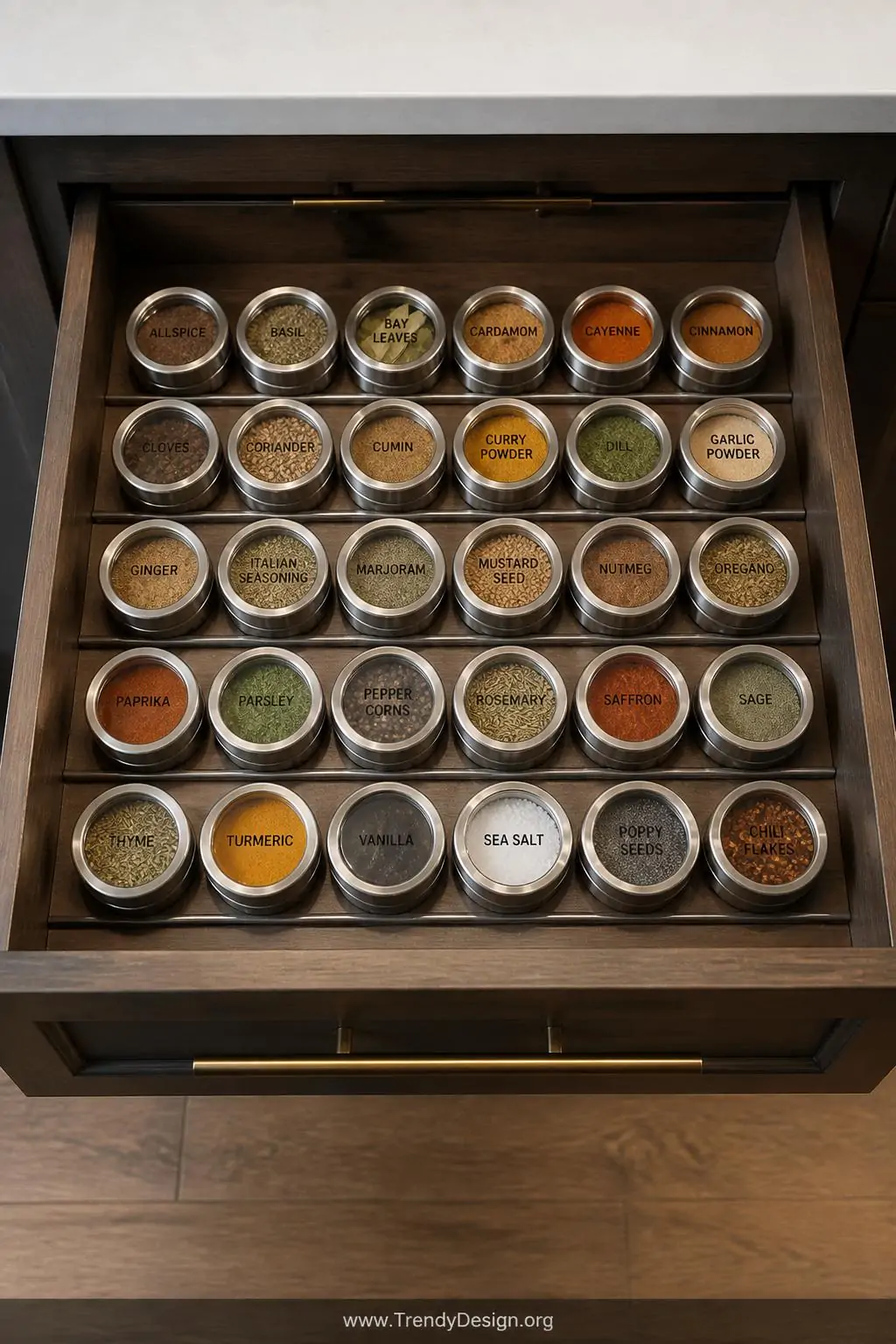 Closeup overhead shot of a wide kitchen drawer with a flat magnetic strip along the bottom holding uniform small silver-lidde