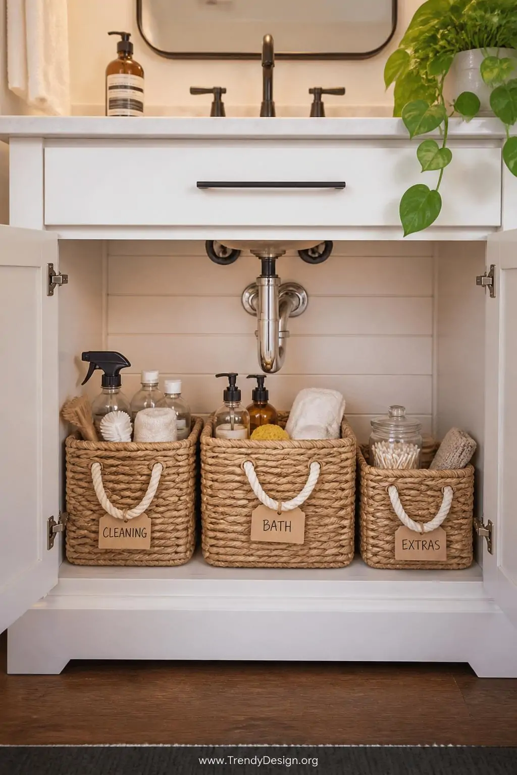 A wide photorealistic interior shot of a bright bathroom under-sink cabinet fully organized with matching set of natural seag