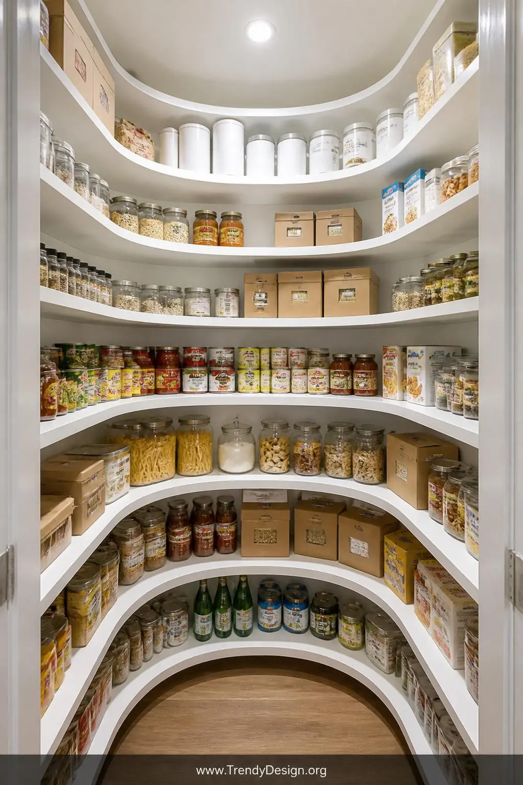A dramatic wide shot inside a corner pantry with white painted walls reveals a full kidney-shaped lazy Susan shelf system loa