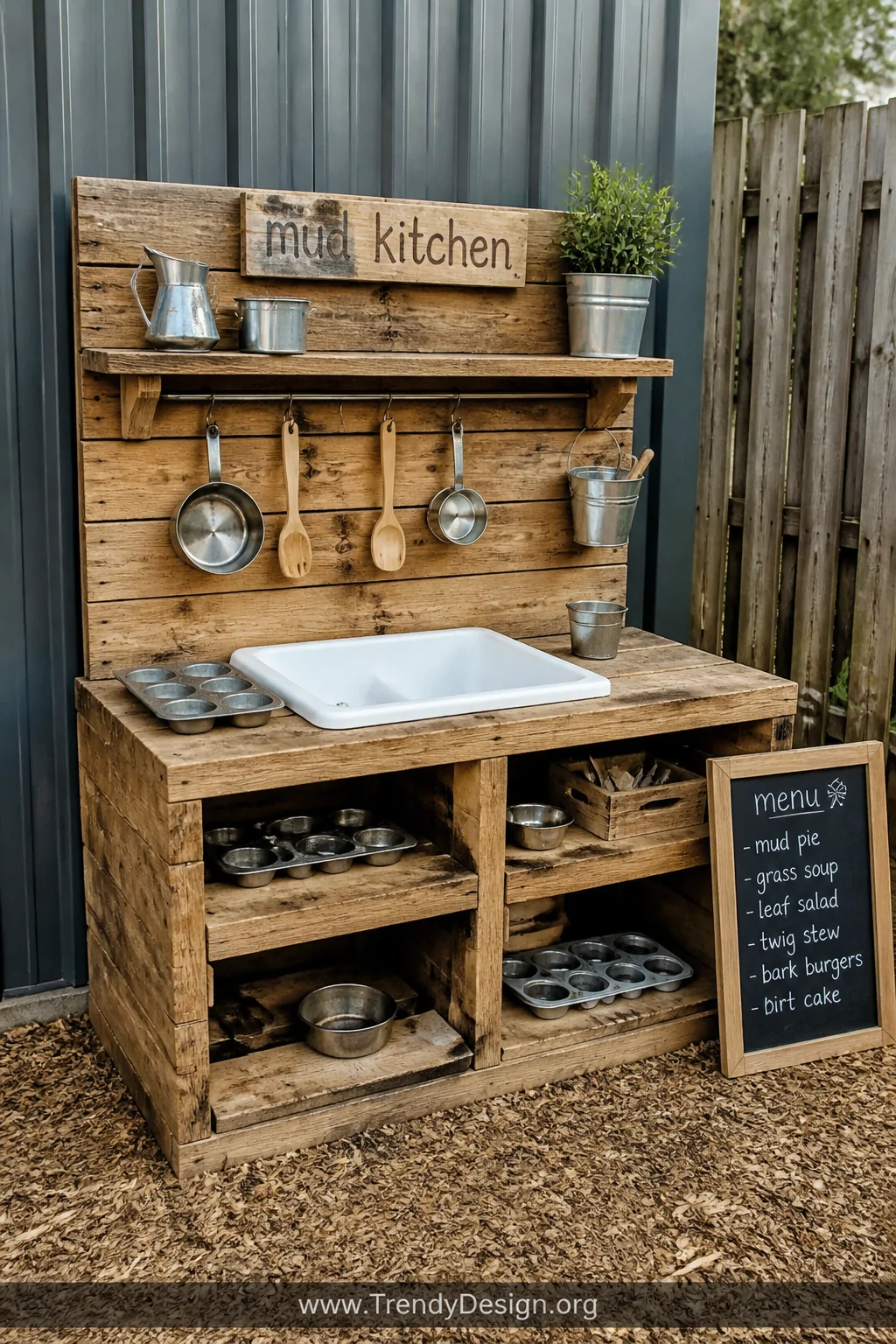 Medium outdoor shot of a rustic mud kitchen station built from repurposed wooden pallets, fitted with a white plastic basin, 