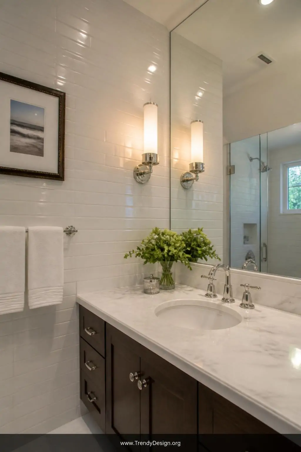 Wide-angle photorealistic interior design shot of a small bathroom with high-gloss polished white ceramic subway tiles coveri